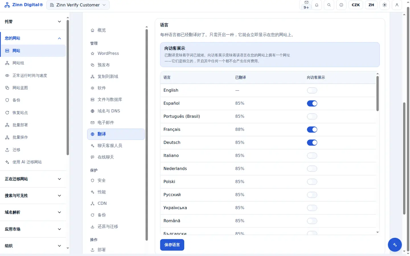 Karta Translation na nástěnce Zinn Digital®: tabulka všech jazyků s informací, jaká část webu je do každého z nich přeložena.