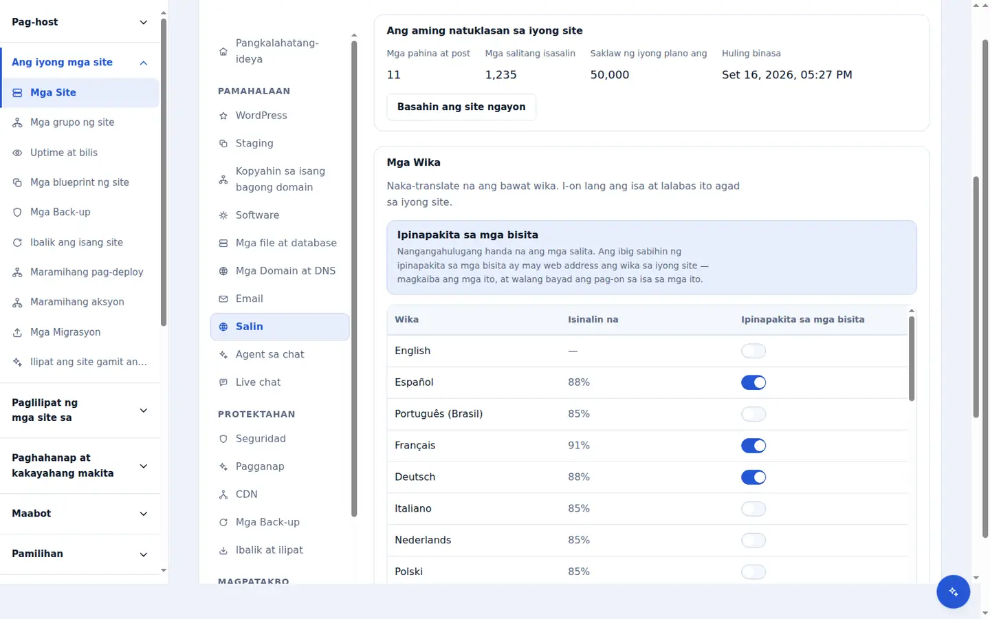 Ang sukat ng tab na Pagsasalin: ang mga page at post na nabasa sa site, ang mga salitang isasalin, ang allowance na sakop ng tier, at kung kailan huling binasa ang site.