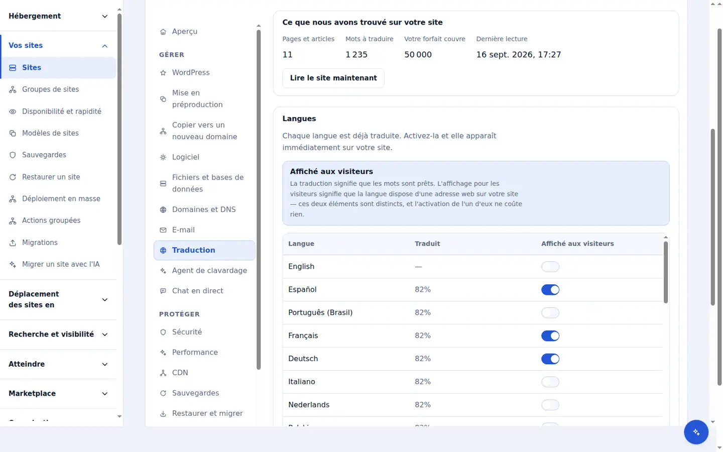La mesure de l’onglet Traduction : les pages et articles lus sur le site, les mots à traduire, le quota couvert par le forfait et la date de la dernière lecture du site.