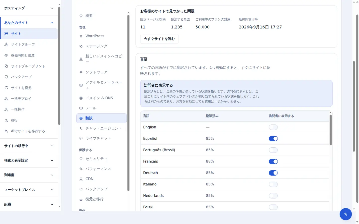 「翻訳」タブの測定値: サイト上で読み取られた固定ページと投稿、翻訳対象の単語数、プランがカバーする許容量、サイトが最後に読み取られた日時。