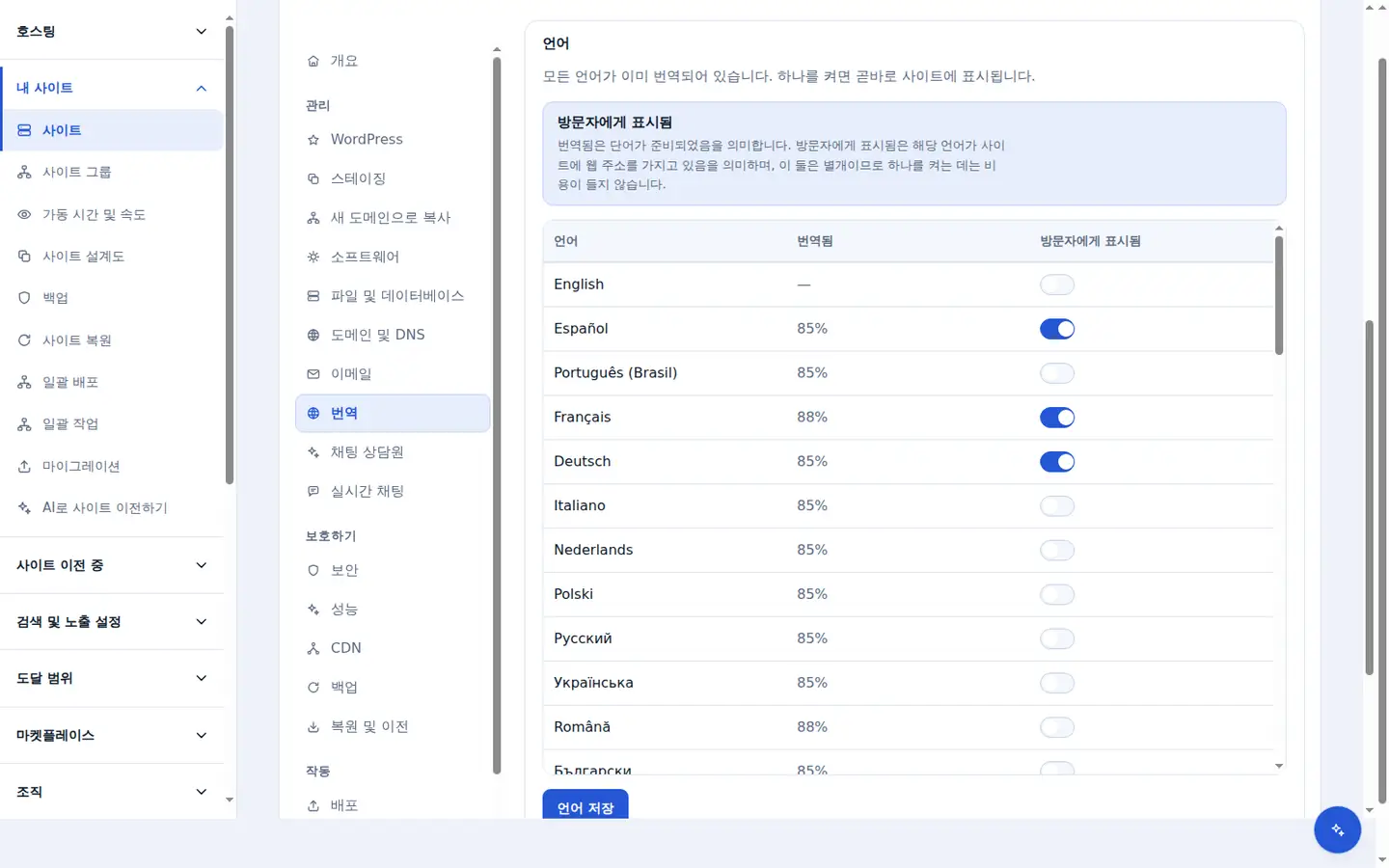 Zinn Digital® 대시보드의 Translation 탭: 사이트가 각 언어로 얼마나 번역되었는지 보여주는 모든 언어의 표.