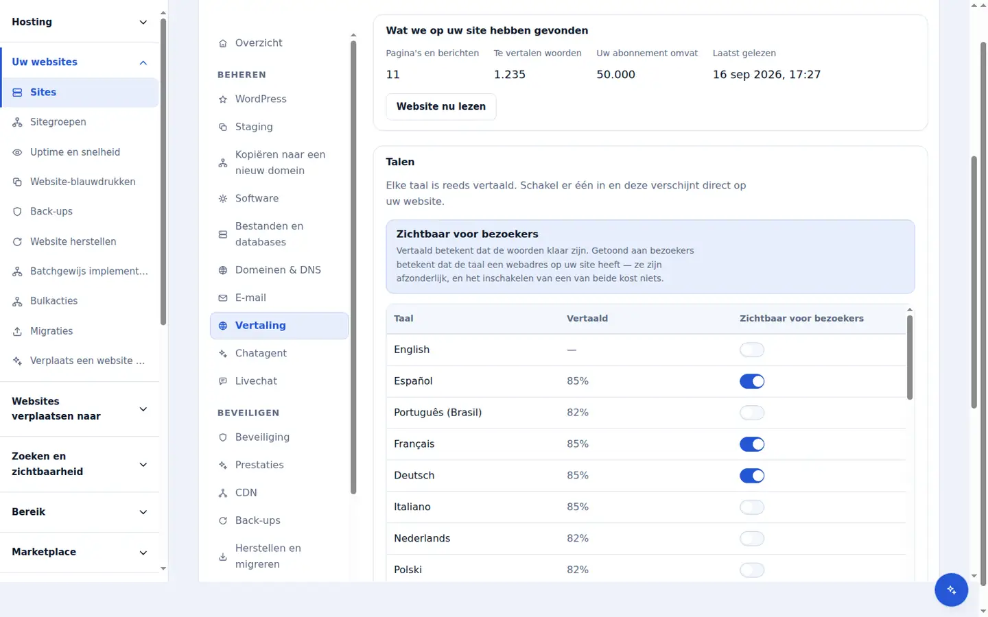 De meting van het tabblad Vertaling: de op de site gelezen pagina's en berichten, de te vertalen woorden, de limiet die het niveau dekt en wanneer de site voor het laatst is gelezen.