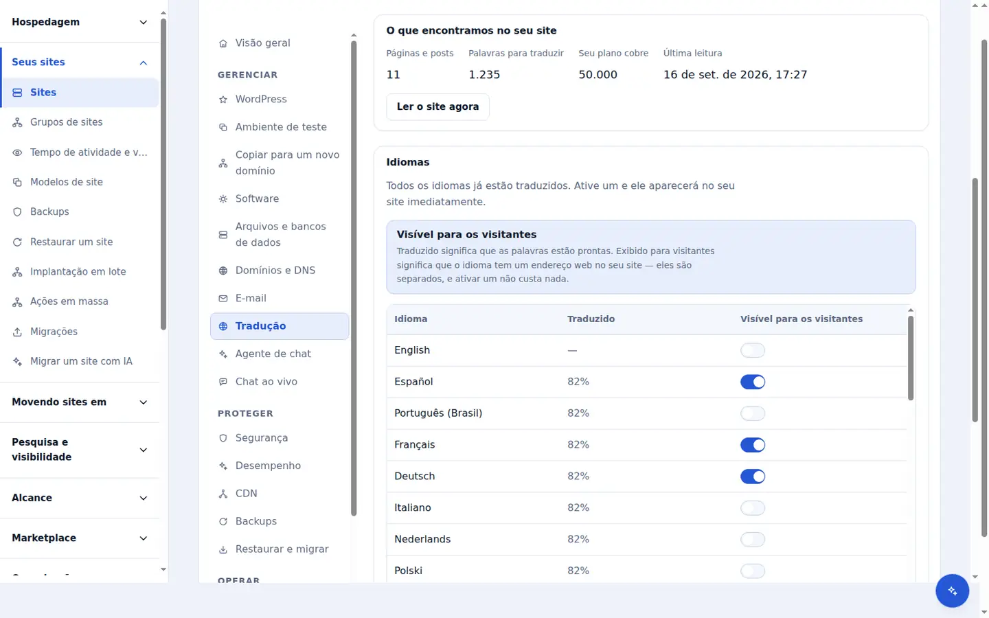 A medição da aba Tradução: as páginas e posts lidos no site, as palavras a serem traduzidas, o limite coberto pelo plano e quando o site foi lido pela última vez.