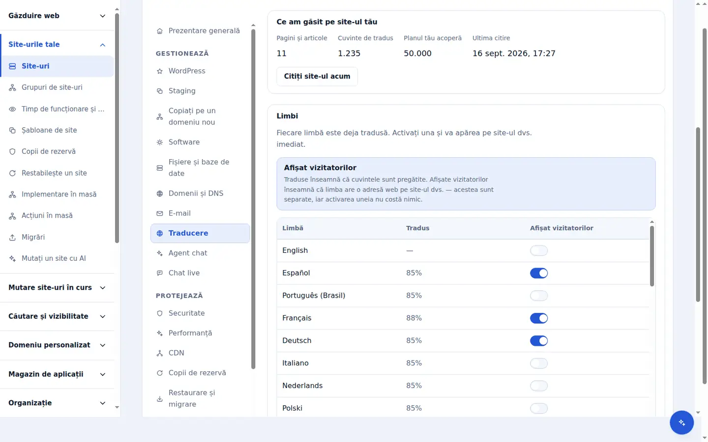 Măsurătoarea din fila Traducere: paginile și articolele citite pe site, cuvintele de tradus, limita inclusă în abonament și data la care site-ul a fost citit ultima dată.