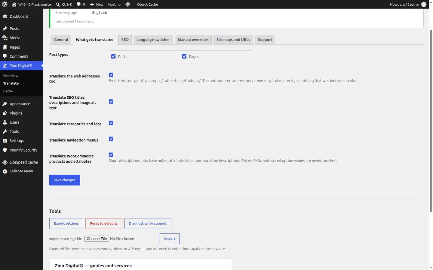 The plugin's What gets translated tab, with switches for post types, URL slugs, SEO metadata, categories and tags, menus and WooCommerce products.