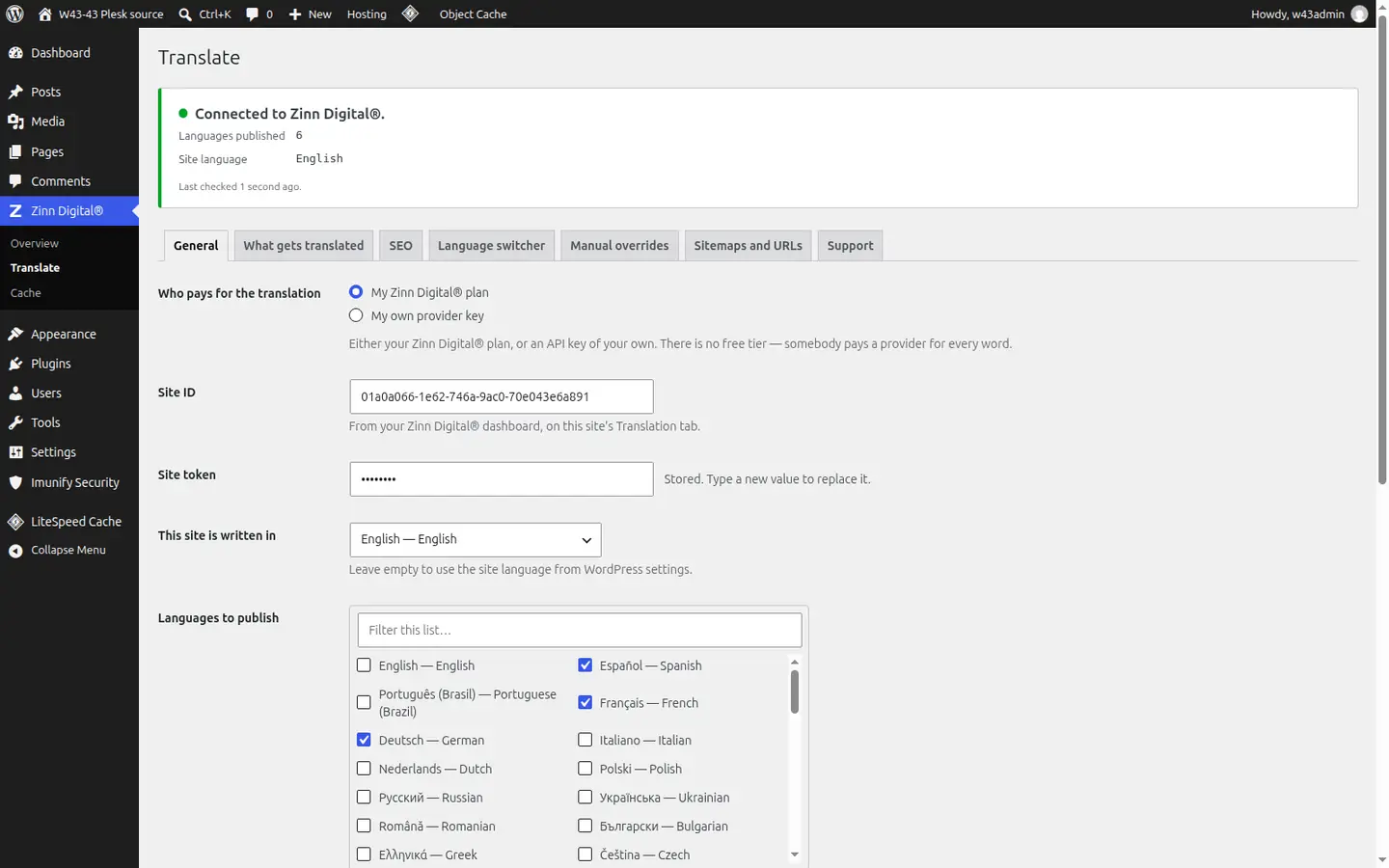 The Zinn® Translate plugin's settings in WordPress: connected to Zinn Digital®, six languages published and English as the site's language.