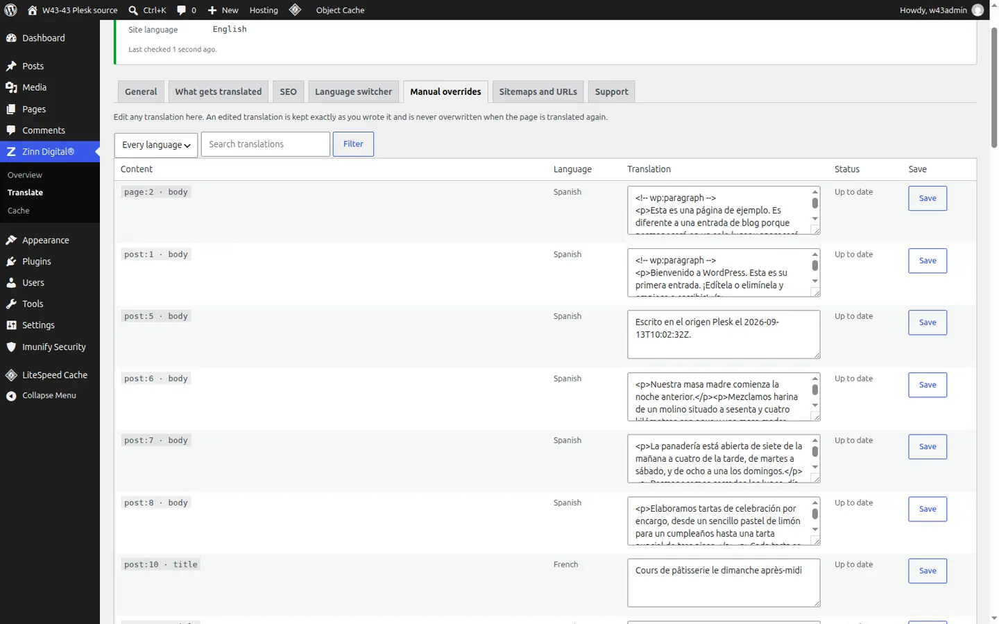 The plugin's Manual overrides screen, listing translated strings with their language and whether each is up to date or edited by hand.
