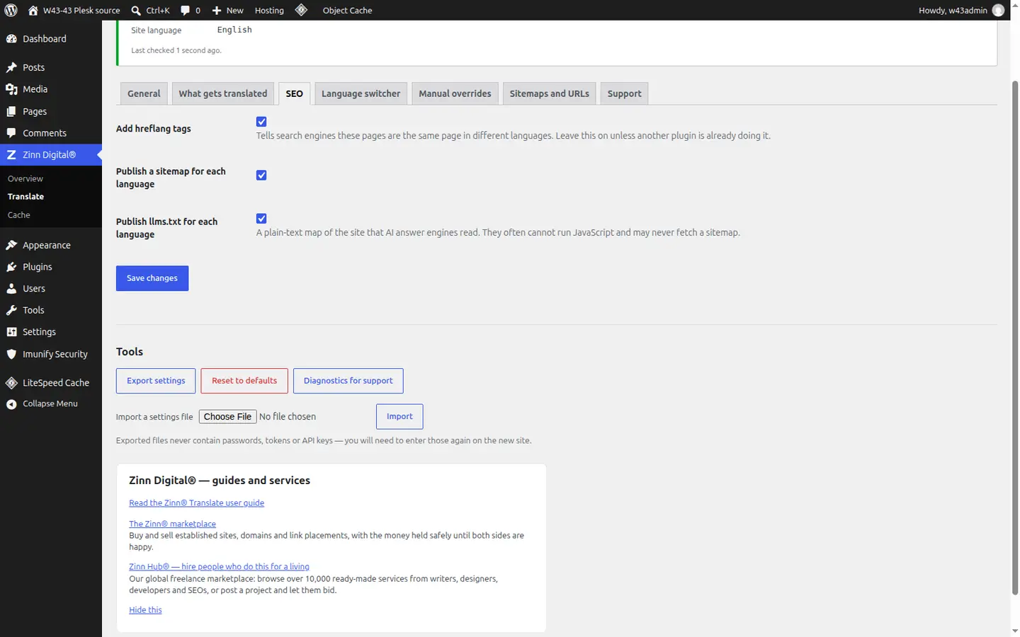 The plugin's SEO tab, with switches for hreflang tags, a sitemap for each language and llms.txt for each language.