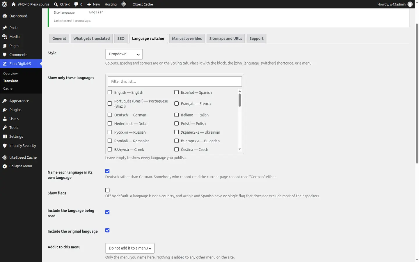 The plugin's Language switcher tab, choosing a style, the languages listed and how each language is named.