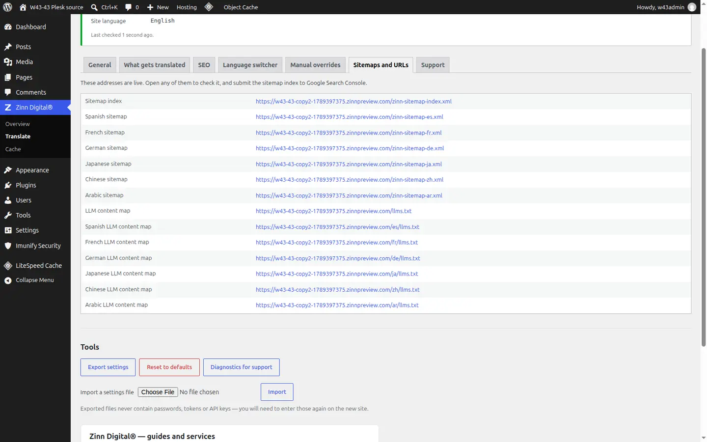 The plugin's Sitemaps and URLs tab, listing the sitemap and llms.txt address for every published language with a link to each.