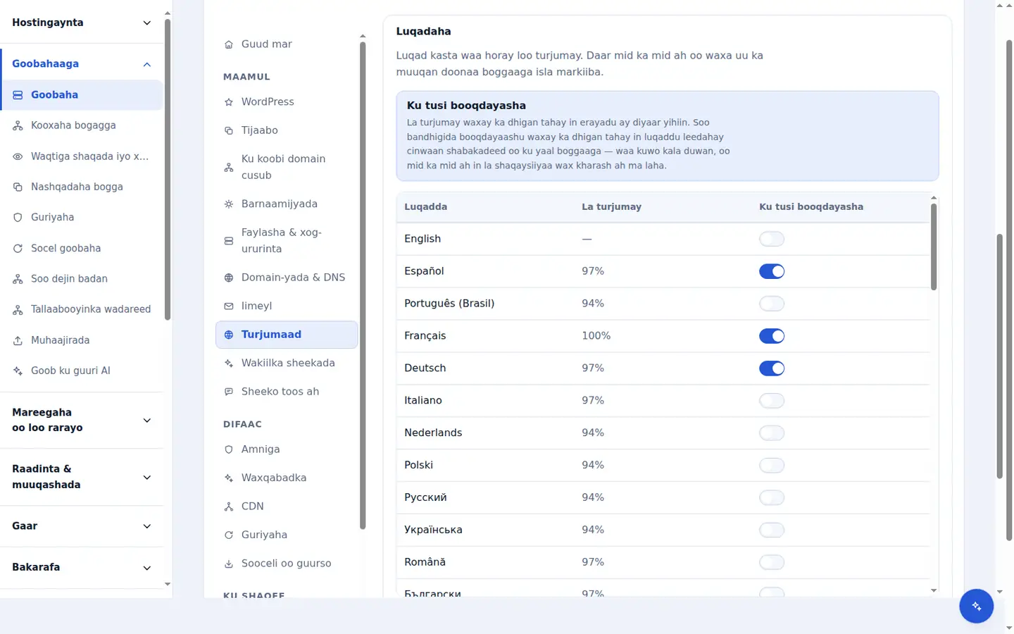 Tab-ka Translation ee ku jira muraayadda koontaroolka Zinn Digital®: miis ka kooban luuqad kasta oo muujinaya inta bogga ka mid ah ee loo turjumay mid kasta.